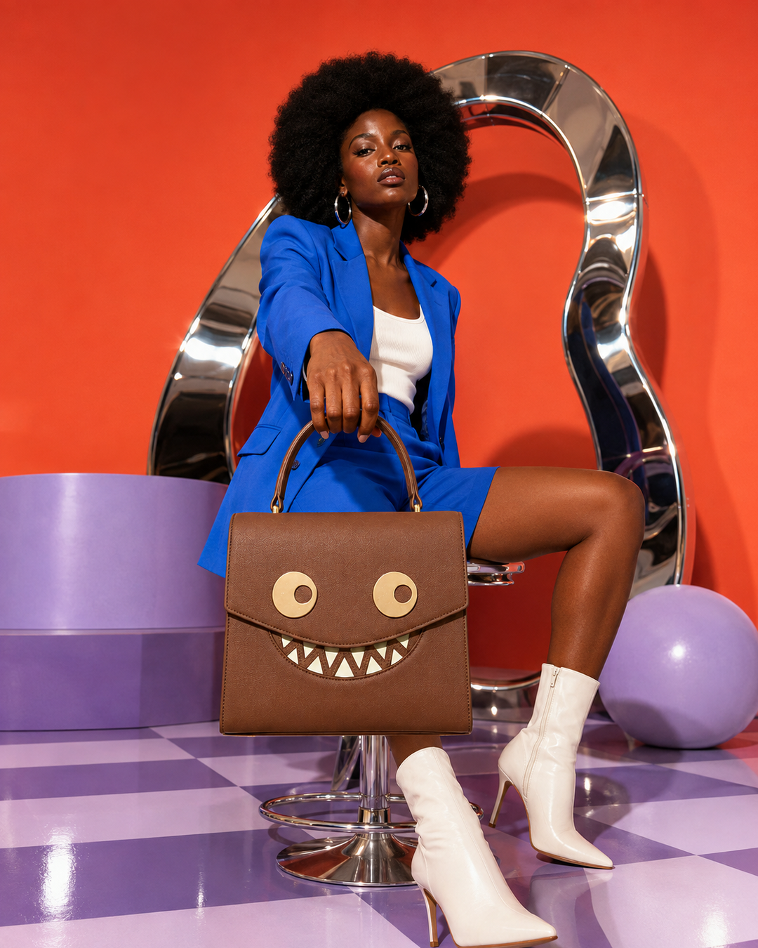 Model carrying the GOOUNIES brown statement bag