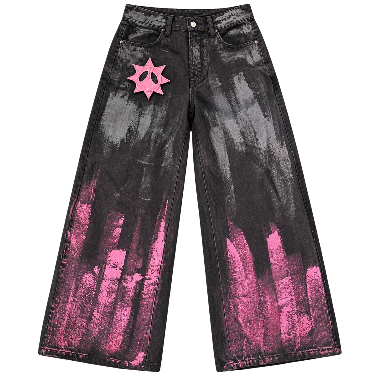 Front view of GOOUNIES black wide-leg jeans with pink and gray brushstroke detailing and a pink face patch