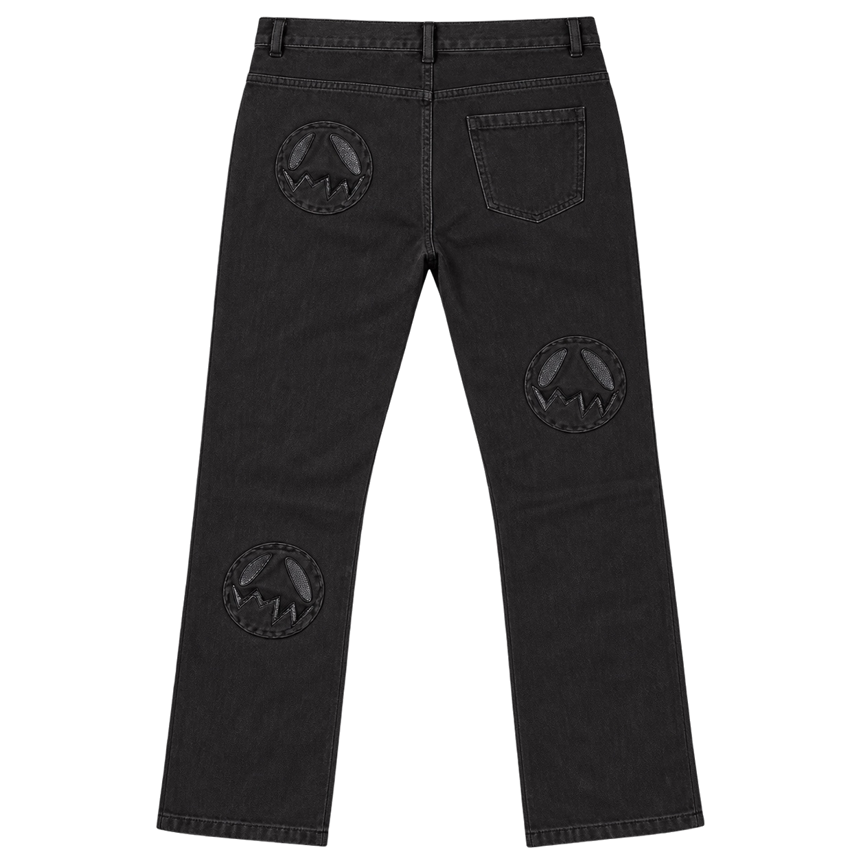 GOOUNIES Black Patchwork Distressed Jeans, back view on transparent background