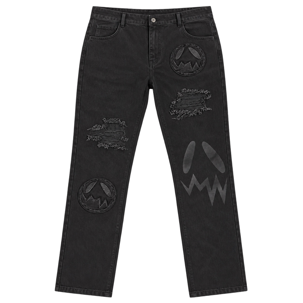 GOOUNIES Black Patchwork Distressed Jeans, front view on transparent background