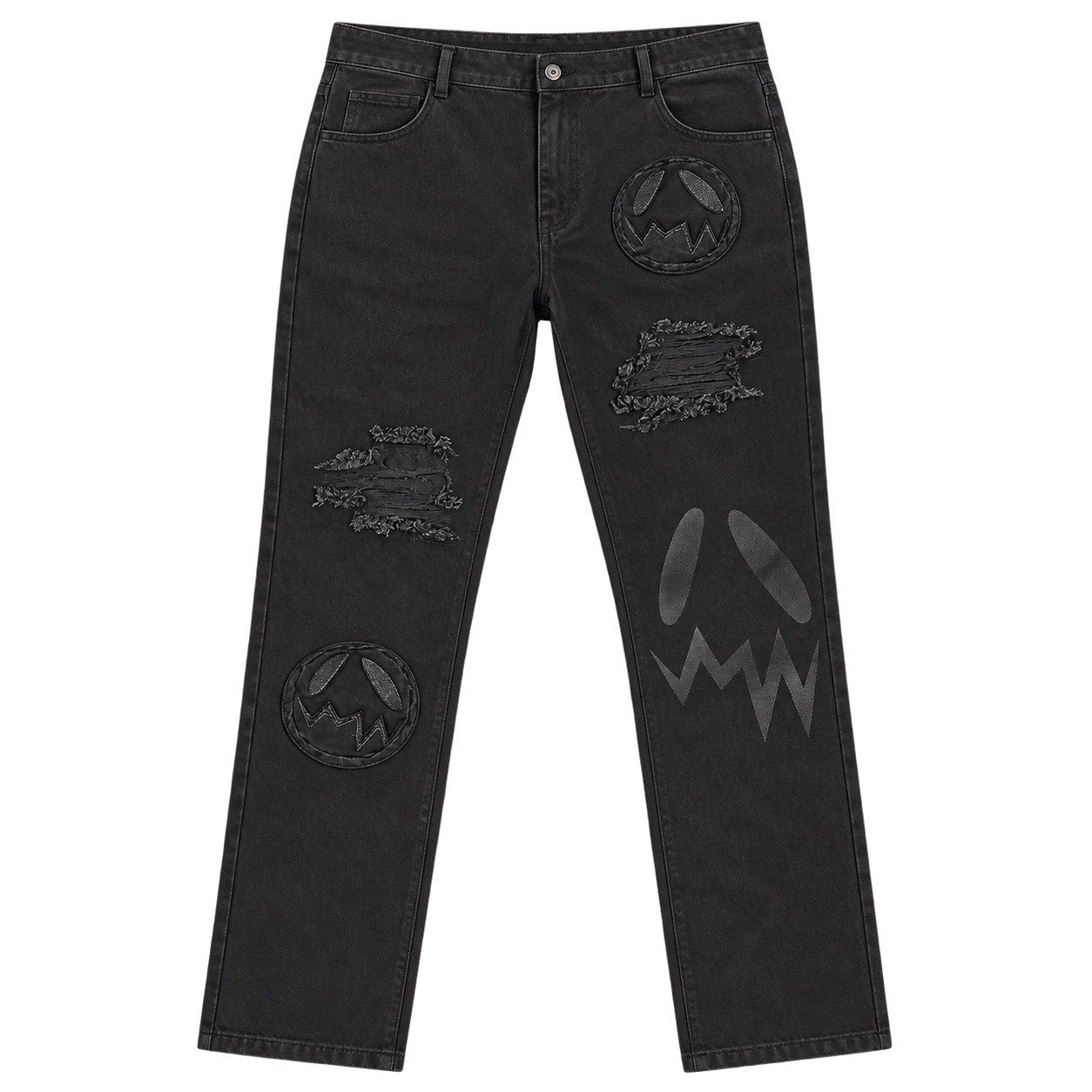 GOOUNIES Black Patchwork Distressed Jeans, front view on transparent background