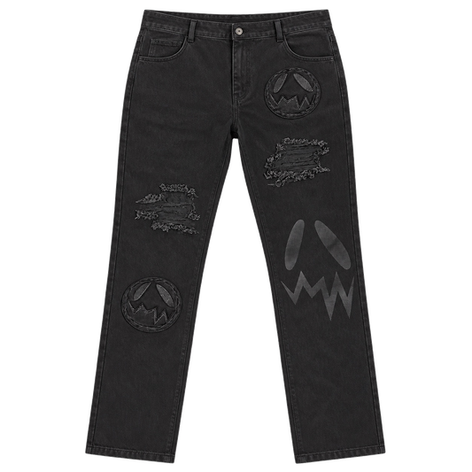 GOOUNIES Black Patchwork Distressed Jeans, front view on transparent background