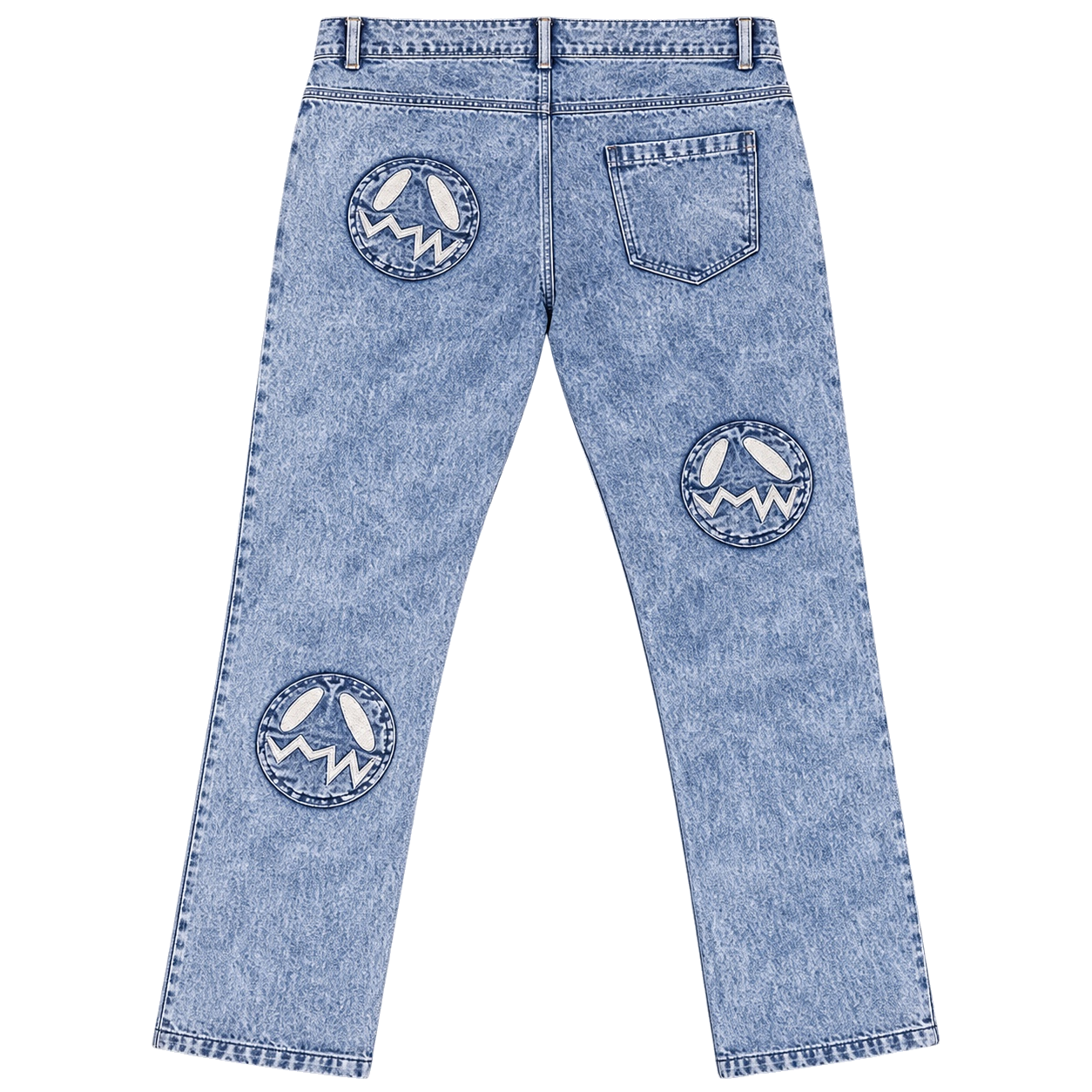 GOOUNIES Blue Acid Wash Patchwork Distressed Jeans, back view on transparent background
