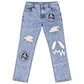 GOOUNIES Blue Acid Wash Patchwork Distressed Jeans, front view on transparent background