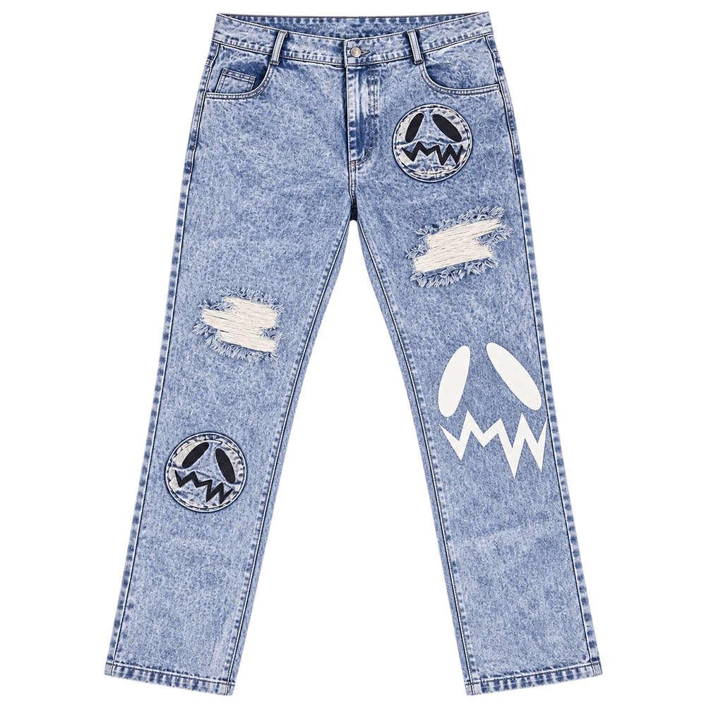 GOOUNIES Blue Acid Wash Patchwork Distressed Jeans, front view on transparent background