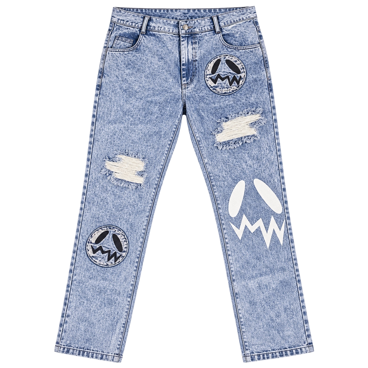 GOOUNIES Blue Acid Wash Patchwork Distressed Jeans, front view on transparent background