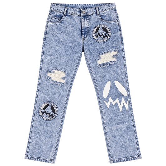 GOOUNIES Blue Acid Wash Patchwork Distressed Jeans, front view on transparent background