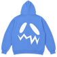 Back of the blue GOOUNIES Flair Set hoodie with an oversized white face logo.