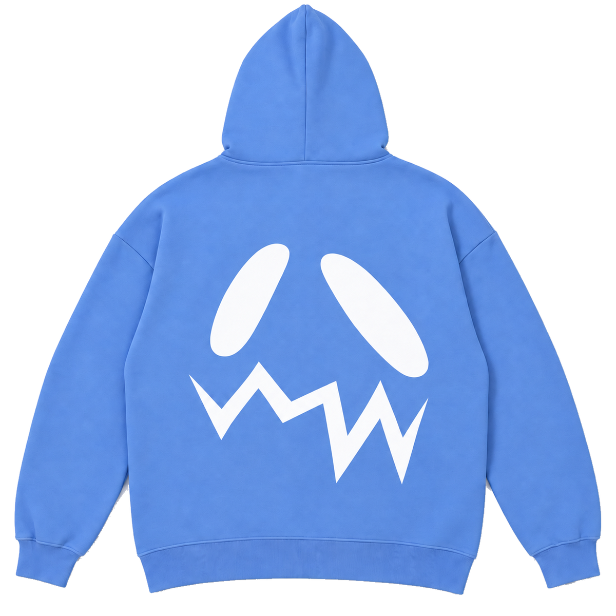 Back of the blue GOOUNIES Flair Set hoodie with an oversized white face logo.