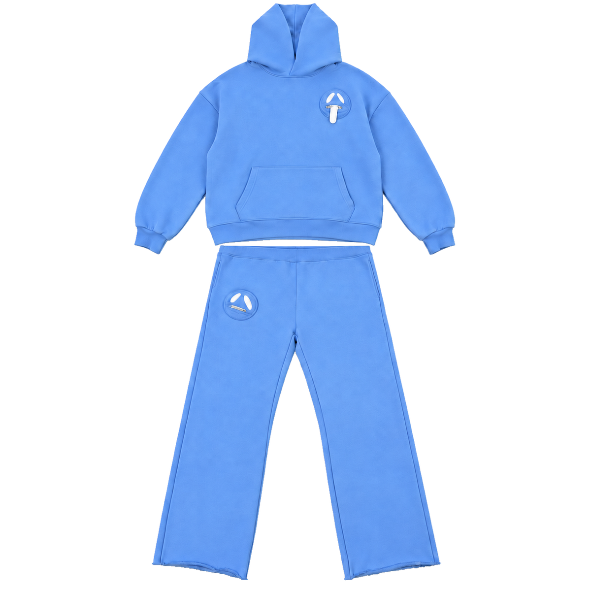 Front of the blue GOOUNIES Flair Set with white face details on the hoodie and pants patches.