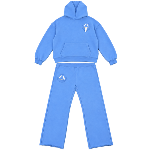 Front of the blue GOOUNIES Flair Set with white face details on the hoodie and pants patches.