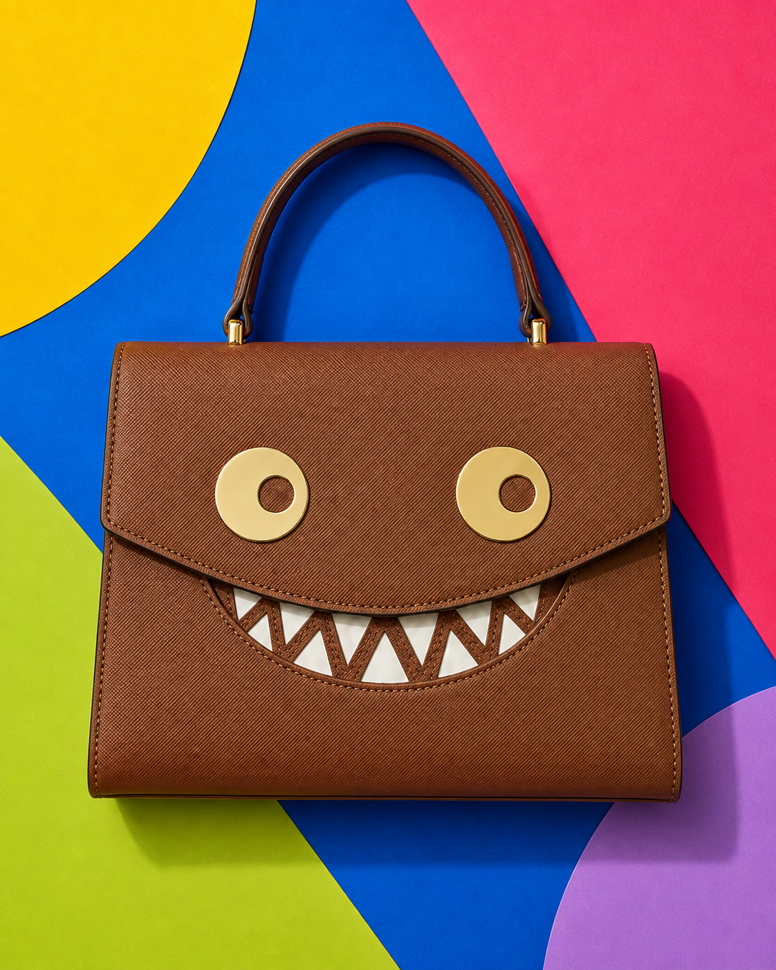 GOOUNIES brown statement bag colorful flat lay