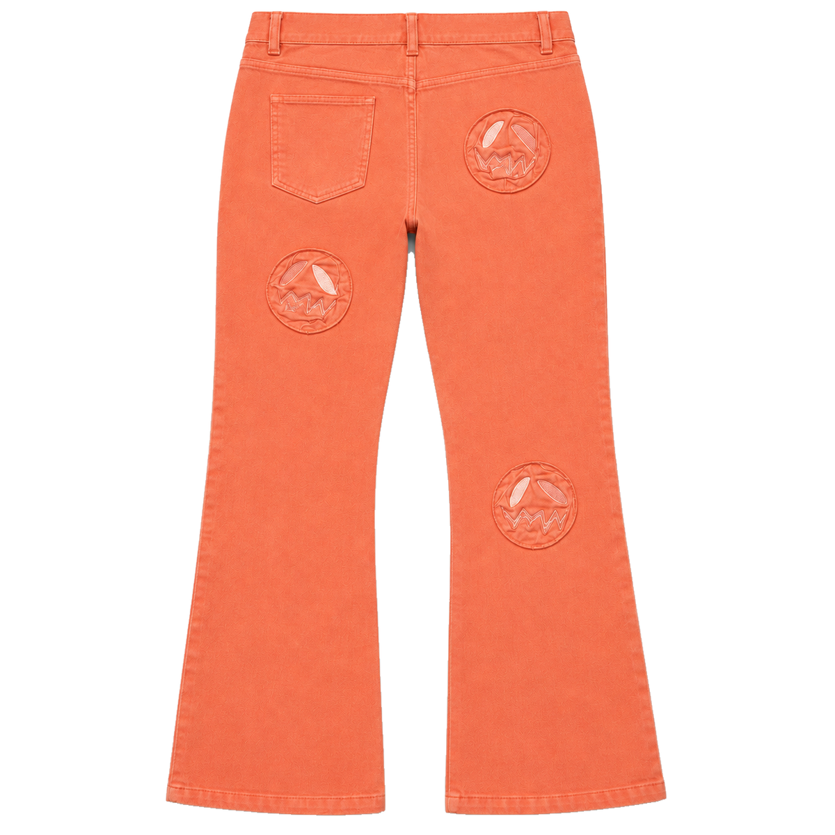 Back of GOOUNIES coral jeans showing three circular face patches and one rear pocket.