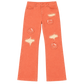 Front of GOOUNIES coral jeans with face patches, distressed openings and wide leg hems.