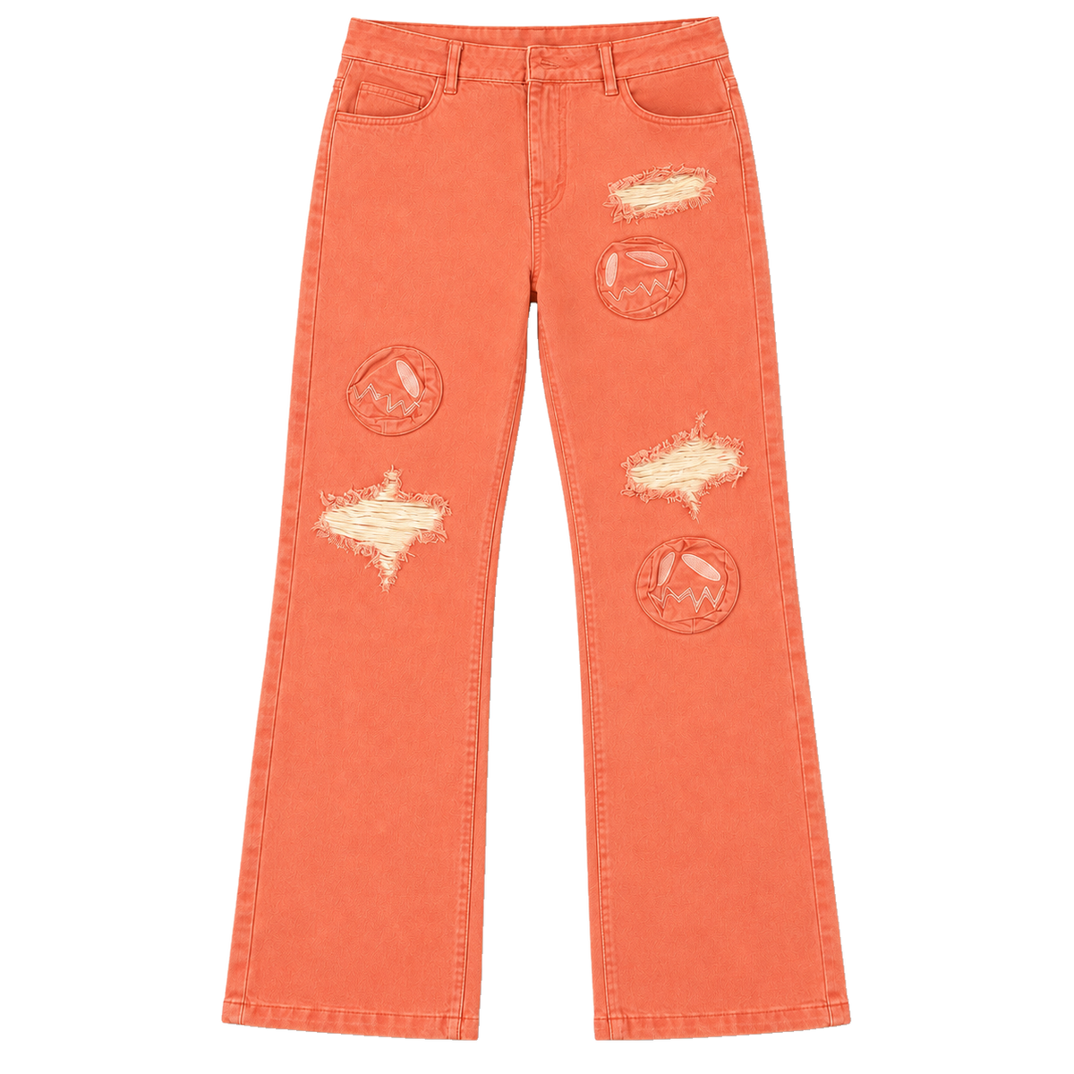 Front of GOOUNIES coral jeans with face patches, distressed openings and wide leg hems.