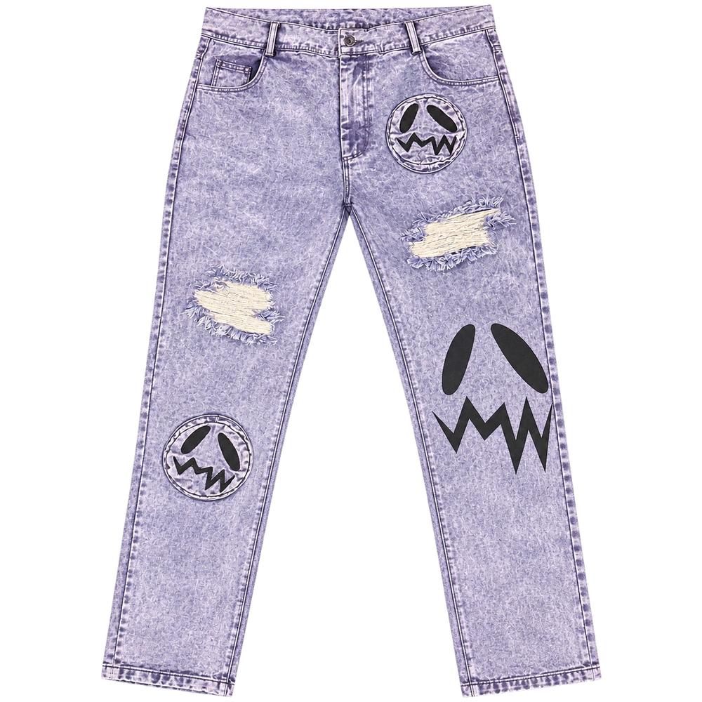GOOUNIES Lavender Acid Wash Patchwork Distressed Jeans, front view on transparent background