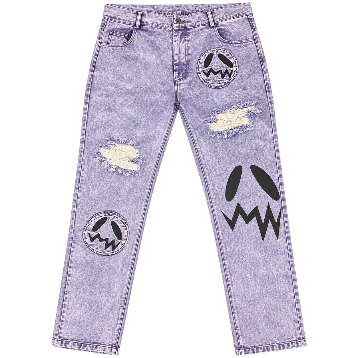GOOUNIES Lavender Acid Wash Patchwork Distressed Jeans, front view on transparent background