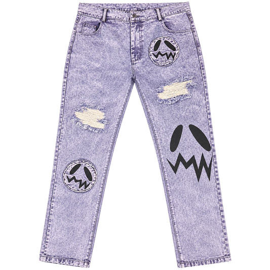 GOOUNIES Lavender Acid Wash Patchwork Distressed Jeans, front view on transparent background