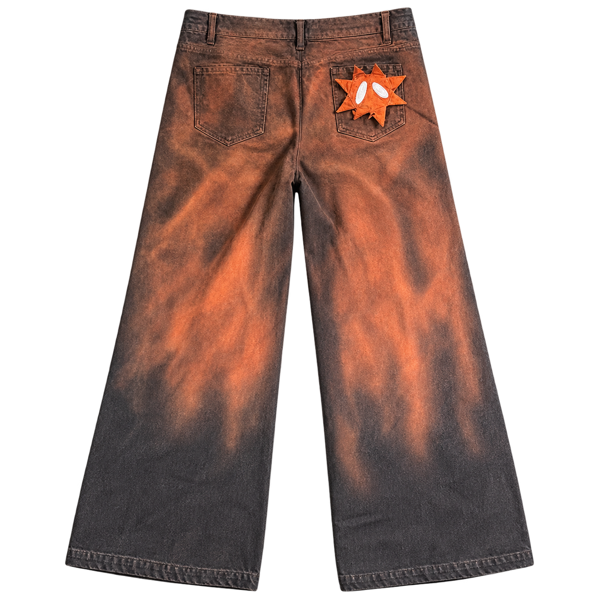 Back view of GOOUNIES orange and charcoal wide-leg jeans with rear pockets and an orange face patch