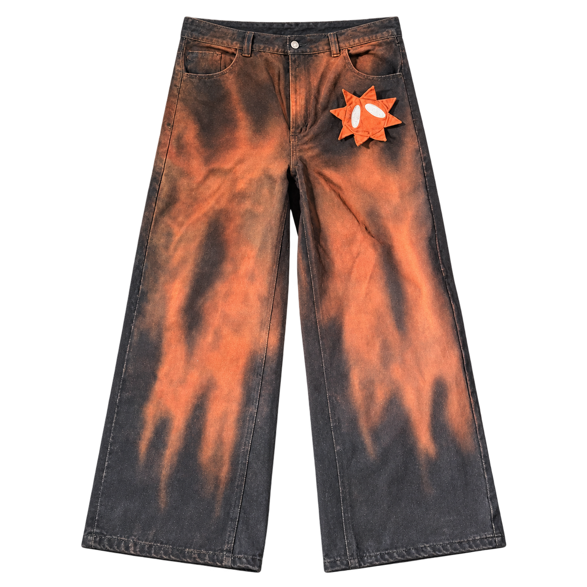 Front view of GOOUNIES orange and charcoal wide-leg jeans with an orange face patch