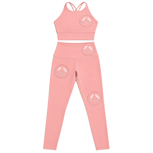 GOOUNIES pink crop top and leggings set with matching circular face patches and pale embroidery.