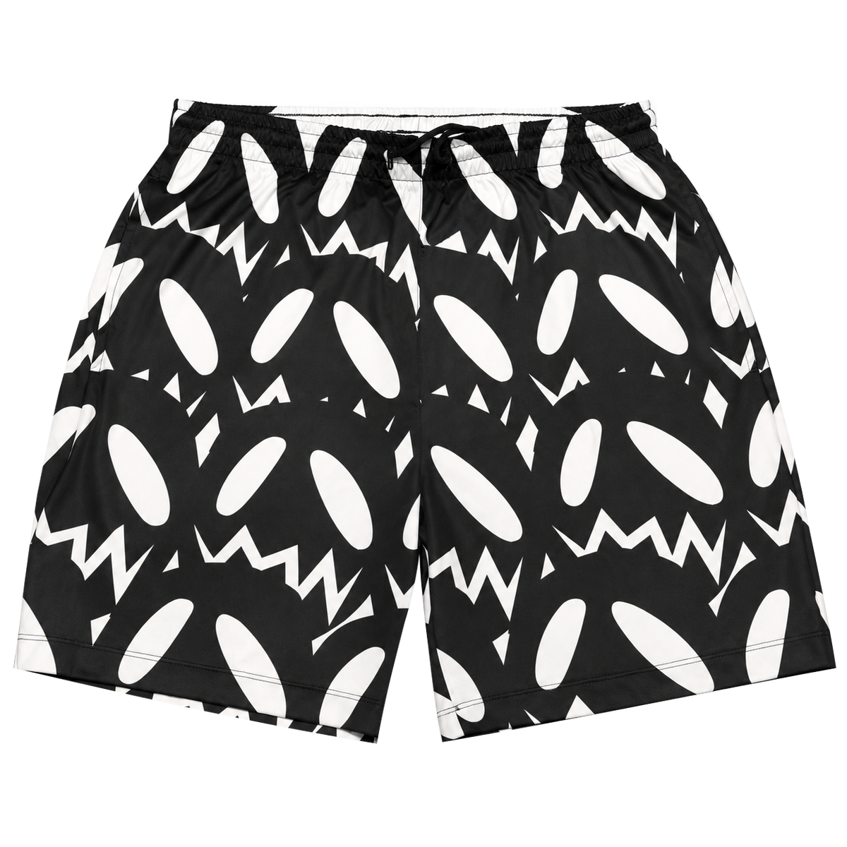 GOOUNIES black shorts with oversized white oval eyes and zigzag face graphics.