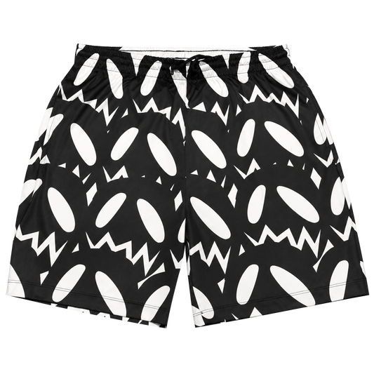 GOOUNIES black shorts with oversized white oval eyes and zigzag face graphics.