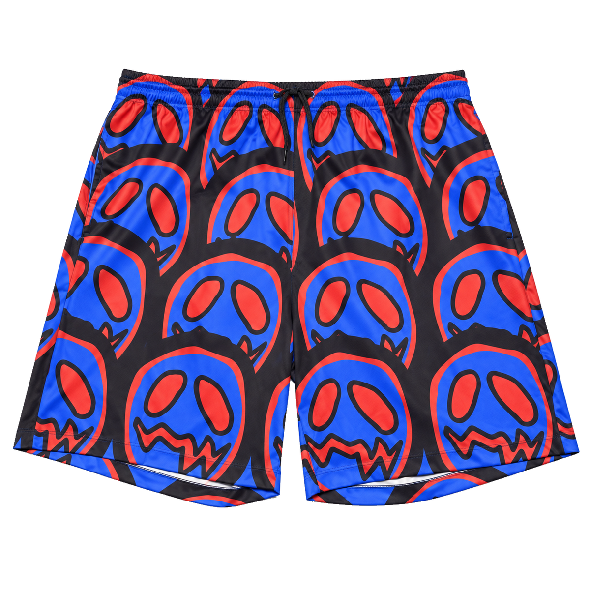GOOUNIES black shorts with oversized blue and red face print and a black drawstring waistband.