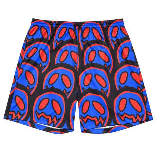 GOOUNIES black shorts with oversized blue and red face print and a black drawstring waistband.