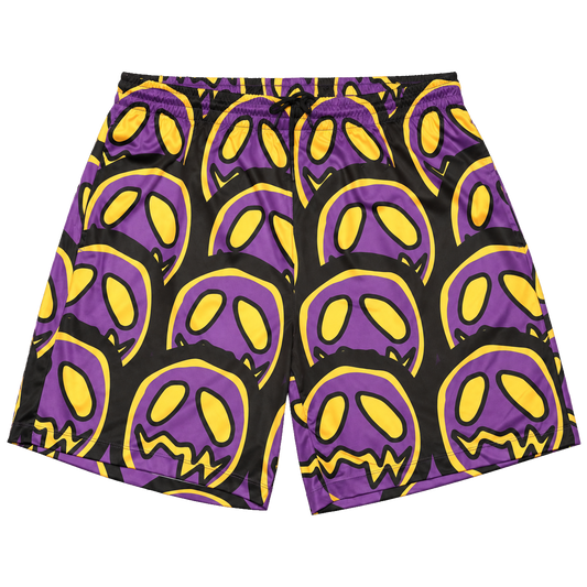 GOOUNIES black shorts with oversized purple and yellow face print and a black drawstring waistband.