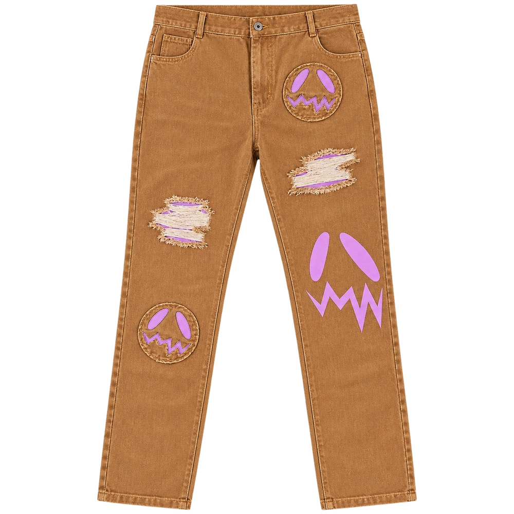 GOOUNIES Tan Patchwork Distressed Jeans, front view on transparent background