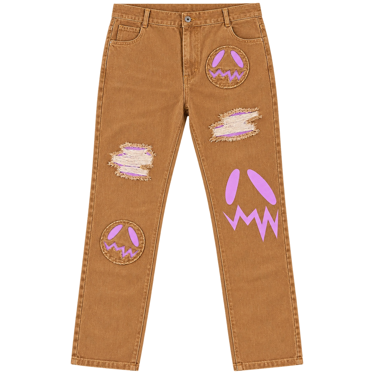GOOUNIES Tan Patchwork Distressed Jeans, front view on transparent background