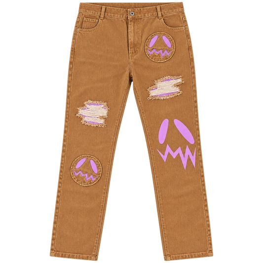 GOOUNIES Tan Patchwork Distressed Jeans, front view on transparent background